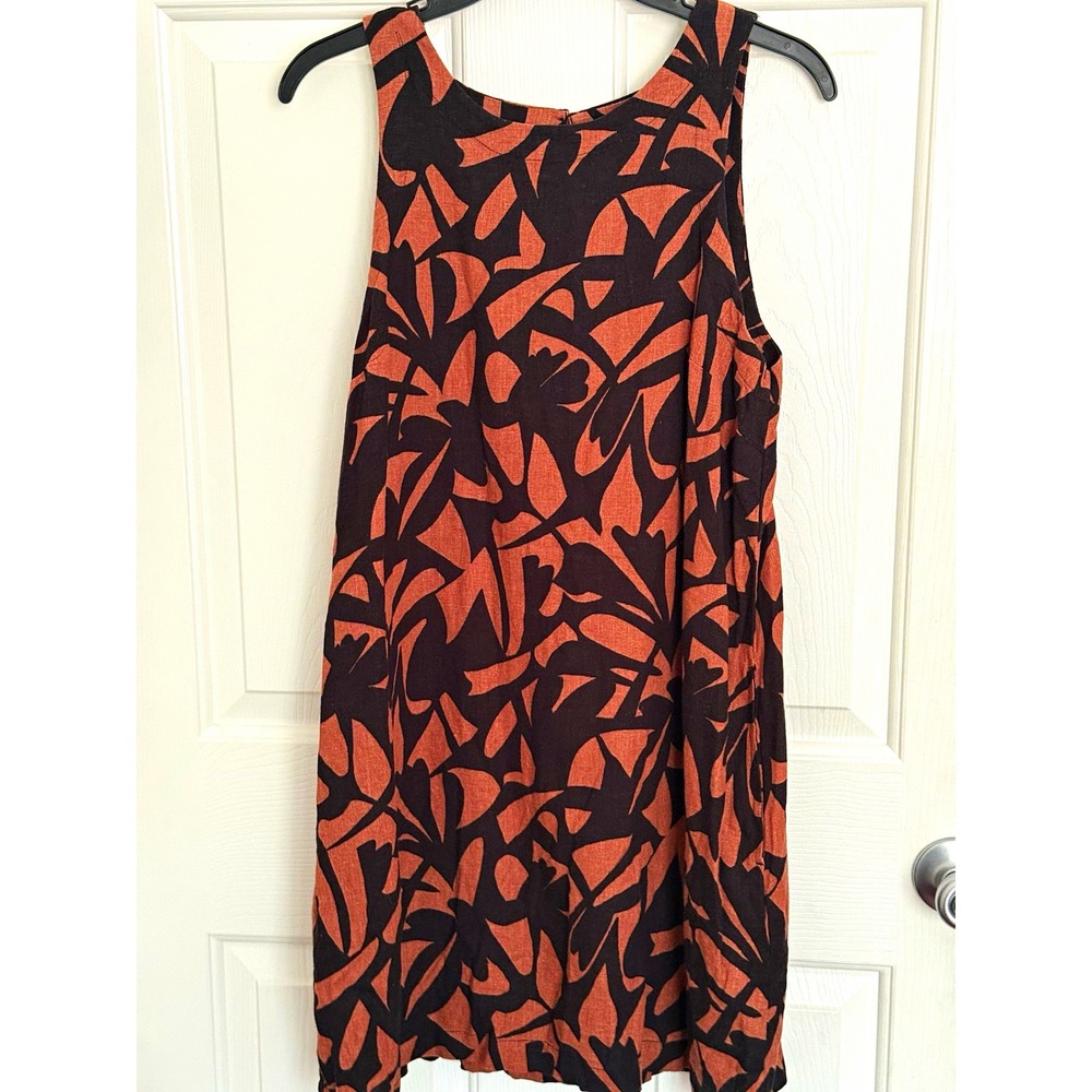 A New Day Shift Dress Women's Size M Black Brown Floral Linen Rayon pockets